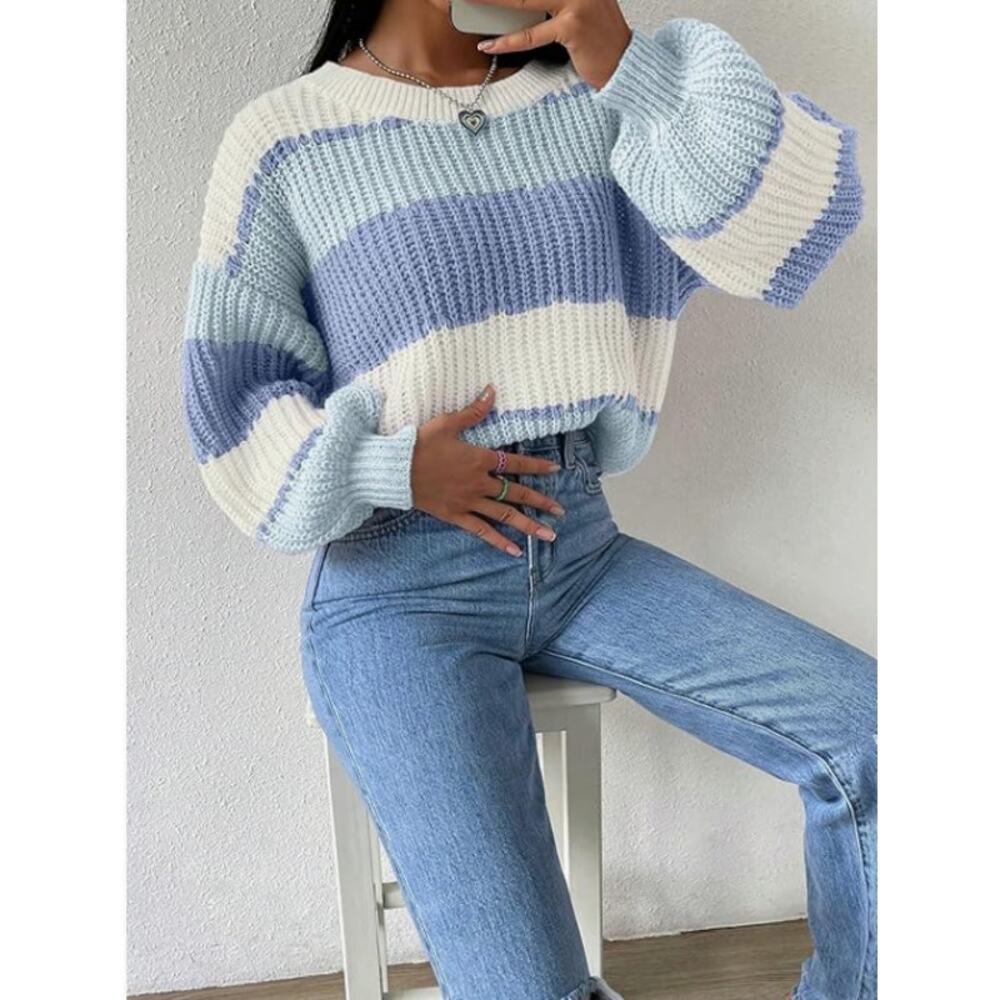 Blue & White Striped Knit Sweater - Oversized Balloon Sleeve Pullover - S/M ☁️💙